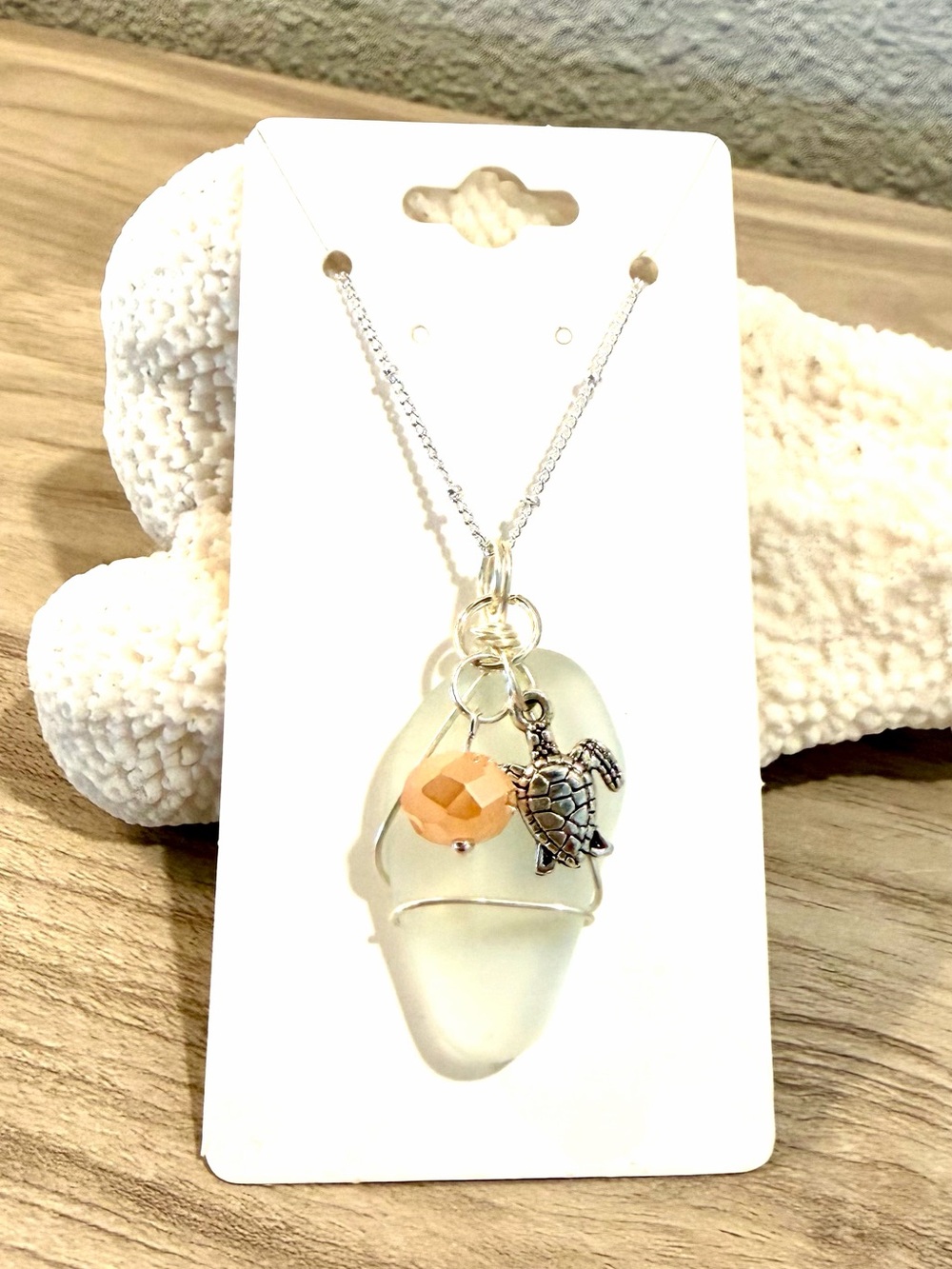 133. Sea Glass Turtle Pendant Necklace - White and Peach